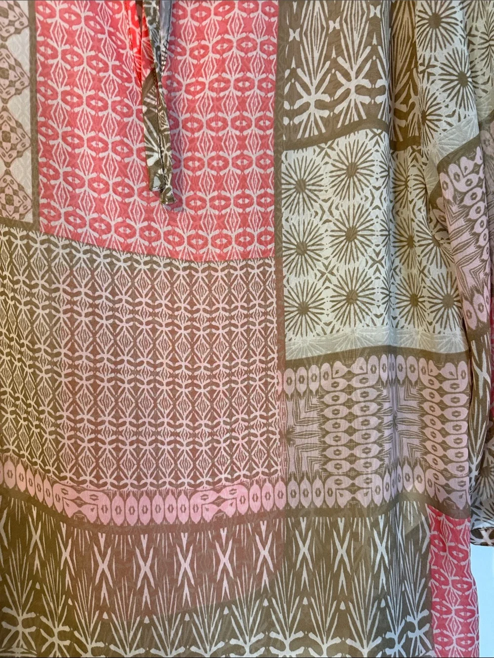 Chico's Olive, Coral & Cream Patchwork Tie-Neck Blouse